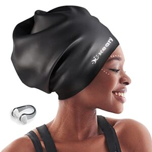 Extra Large Swim Cap for Braids and Dreadlocks Afro Hair Weaves Long Hair, Waterproof Silicone Cover Ear Bath Pool Shower Swimming Cap for Women Men Youth Adult Kids Girl to Keep Hair Dry, Black