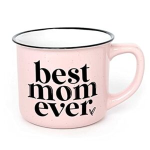 Mom Mug with Stylish Gift Box- Best Mom Ever Novelty Gifts for Mom by June & Lucy - Cute Coffee Mugs for Women - Pink Coffee Mug with Black Hand Lettering - 15 oz Microwave and Dishwasher Safe.