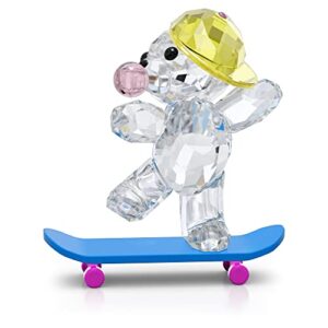 Swarovski Kris Bear Skaterbear Figurine, Clear, Pink, and Yellow Swarovski Crystals with Blue Lacquered Metal Accents, Part of the Swarovski Kris Bear Collection