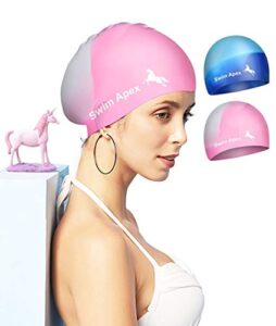 Silicone Swim Cap 2 Pack for Long Hair Women Waterproof Bathing Pool Swimming Cap Cover Ears to Keep Your Hair Dry,3D Soft Stretchable Durable and Anti-Slip,Spacious, Easy to Put On and Off