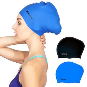 Keary 2 Pack Silicone Swim Cap for Long Hair Women Girl Men Waterproof Bathing Pool Swimming Cap Cover Ears to Keep Your Hair Dry, 3D Soft Stretchable Durable and Anti-Slip, Easy to Put On and Off