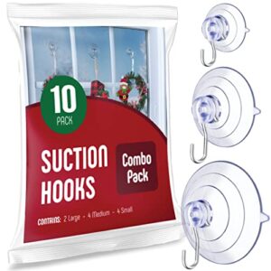 All-Purpose Suction Cup Hooks [10PK Combo Set] Powerful Window Suction Cups with Hooks Use to Hang On Glass, Windows, Doors, Mirrors, Tiles. Set Includes: 2 Large, 4 Medium, 4 Small