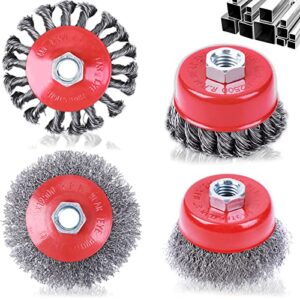 4 Pcs 4In Wire Wheel Brush Cup Brush Set, 5/8 Inch 11 Threaded Arbor, Wire Wheels for 4 1/2 Angle Grinder, Wire Brush Grinder, Metal, Carbon Steel Cleaning Rust Stripping Wire Brush for Grinder (4)