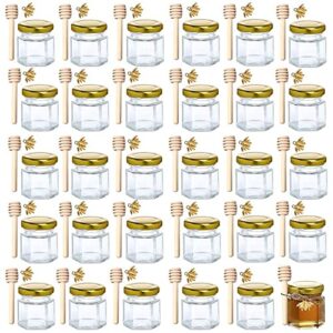 1.5 oz Hexagon Mini Glass Honey Jars -30Pack Honey Jars with Wood Dipper, Gold Lid, Bee Pendants, Jutes - Perfect for Baby Shower, Wedding Favors, Party Favors