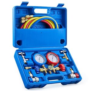Orion Motor Tech AC Gauges, AC Manifold Gauge Set for R134a R12 R502 Refrigerant, 3 Way Car AC Gauge Set with 5FT Hoses Couplers & Adapter, Puncturing & Self Sealing Can Tap Freon Charge Kit