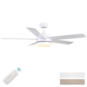 YUHAO 52 inch white ceiling fan with lights and remote control,Dimmable tri-color temperatures LED,Quiet reversible motor,Modern style ceiling fan for bedroom, dining room, living room and kitchen.