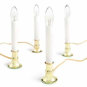 Electric Candle Lamp with Brass Plated Base, Set of 4 | Plug in Candlesticks with On/Off Switch and 7-Watt Bulb | 9-Inch Colonial Welcome Lights for Windows and Holidays