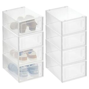 mDesign Stackable Plastic Closet Storage Box with Side Opening Panel- for Organizing Men's and Women's Shoes, Booties, Pumps, Sandals, Wedges, Flats, Heels, and Accessories, 8 Pack - White/Clear