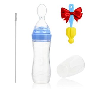 Gaodear Baby Food Feeder Silicone Squeeze Rice Cereal Bottle, Soft-Tip Dispensing Spoon with Brush Set (Blue,4oz/120ml for 4 Months+ Babies)