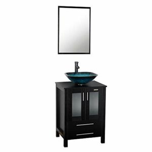 U-Eway 24 Inch Black Bathroom Vanity Square Tempered Glass Vessel Sink Combo 1.5 GPM Faucet Oil Rubbed Bronze Bathroom Vanity Top with Sink Bowl, 20-inch Deep and 30% Water Saving