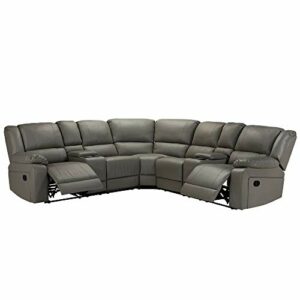 MOEO Large Living Room Leather Sectional Sofa, Modern Manual Reclining Motion Symmetrical Couch with 2 Cup Holders and Storage for Home Furniture, Grey PU, Gray