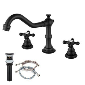 3 Hole Matte Black Bathroom Sink Widespread Faucet Mixing Tap Deck Mount Double Handle Cross Knobs Faucet with Pop Up Drain