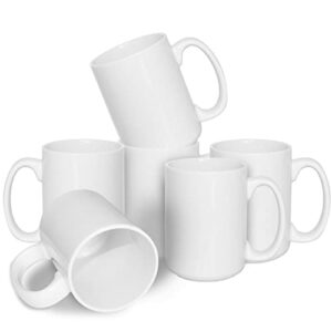 Tibaili 15 oz Porcelain Mugs Blank Sublimation Mugs with Large Handle White Classic Ceramic Mugs for Coffee Cocoa and Tea, Set of 6
