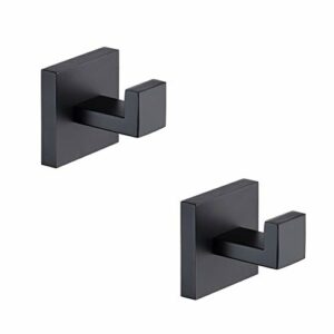 TASTOS Bath Towel Hooks Matte Black, 2 Pack Stainless Steel Robe Coat and Clothes Hook, Heavy Duty Wall Hook for Bathroom & Kitchen, Modern Square Style Wall Mounted (Black)