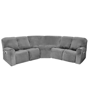 Corner Sofa Cover, Velvet Stretch Sectional Cover, Recliner Corner Sofa Protector, Corner Sofa Slipcovers Reversible Couch Cover for Recliner, Sectional Sofa Set for Livingroom(5 Seats,Grey)