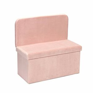 B FSOBEIIALEO Storage Ottoman with Seat Back, Folding Footstool Foot Rest Ottomans Shoes Bench Cube Box Velvet (Pink, Large)