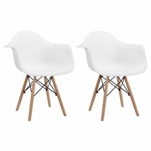 CangLong Natural Wood Legs Mid Century Modern DSW Molded Shell Lounge Plastic Arm Chair for Living, Bedroom, Kitchen, Dining, Waiting Room,2 PCs Pack- White, Set of 2, White