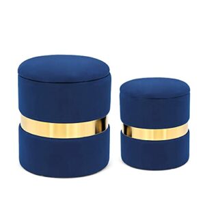 Joveco Round Velvet Storage Ottoman Set of 2 - Footrest Upholstered Footstool Side Table Seat Make Up Stool with Metal Band (Blue)
