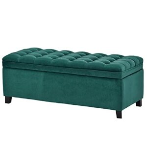 Henf Long Ottoman Storage Bench with Button Tufted Top, Upholstered Flip Top Storage Bench with Rubber Wood Legs, Bedside Sofa Side Ottoman for Bedroom, Hallway, Porch (Green, 46.5 Inch)