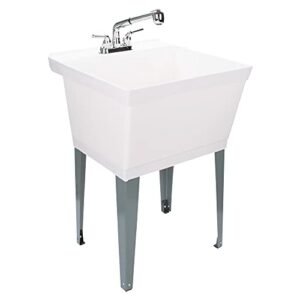 White Utility Sink Laundry Tub With Pull Out Chrome Faucet, Sprayer Spout, Heavy Duty Slop Sinks For Washing Room, Basement, Garage or Shop, Large Free Standing Wash Station Tubs and Drainage (White)