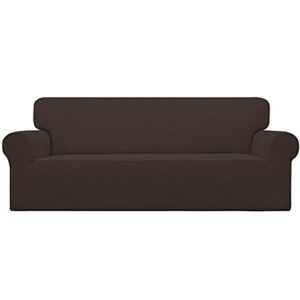 Easy-Going Stretch Sofa Slipcover 1-Piece Sofa Cover Furniture Protector Couch Soft with Elastic Bottom for Kids, Polyester Spandex Jacquard Fabric Small Checks (Sofa, Chocolate)