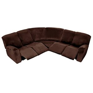 Sectional Recliner Sofa Covers 7-Piece Velvet Stretch 5 Seat Corner Reclining Sofa L-Shaped Sectional Couch Slipcovers Furniture Protector Thick Soft Washable (Brown)