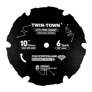 TWIN-TOWN PCDT1006 10 Inch 6 Tooth Polycrystalline Diamond Tipped (PCD) Hardie Fiber Cement Saw Blade with 5/8 Inch Arbor