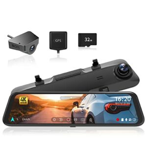 WOLFBOX G850 4K Mirror Dash Cam: 12'' Rear View Mirror Camera for Car,Dual Dash Cameras Front and Rear,Super Night Vision,Parking Monitoring,Reversing Assistance,32GB TF Card & GPS