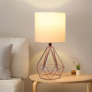Depuley Modern Table Lamp for Bedroom, Geometric Bedside Lamp with Rose Gold Hollowed Out Metal Base and Fabric Shade, Nightstand Lamps for Living Room, Office (5W E26 Warm Light LED Bulb Incl), UL
