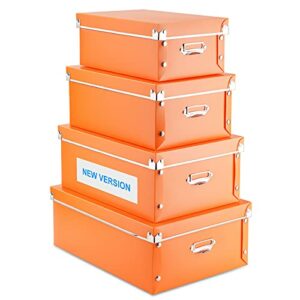 4 Pack Storage Box,HYUNLAI Decorative Storage Bins with Lid,Plastic,with Handles,Press-Stud Fastening,Moisture-Proof,Foldable for Space Saving Storage,for Clothes,Cosmetic,Blankets(Orange)
