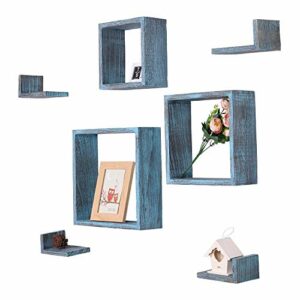 Rustic Wall Mounted Square Shaped Floating Shelves – Set of 7 – 3 Square Shelves and 4 L-Shaped Rustic Shelves – Screws and Anchors Included – Rustic Wall Décor - Rustic Blue
