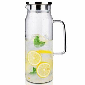 Glass Pitcher with Lid and Handle, 50 oz/1500ml Water Pitcher, Pitcher for Ice Tea and Homemade Juice, Heat Resistant Borosilicate Glass Carafe for Hot/Cold Water.