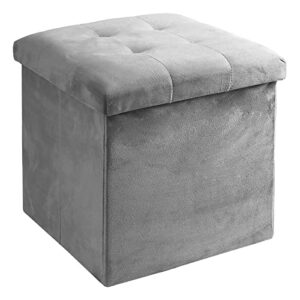 Acehome 15 Inches Storage Ottoman Cube, Velvet Folding Ottoman with Storage, Footrest Stool with Padded Seat, Small Storage Ottomans for Livingroom Bedroom Entryway, Support 400lbs(Light Grey)