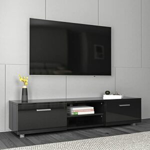 High Gloss TV Stand for 70 inch TVs Entertainment Console with 2 Cabinets and 2 Tier Media Shelves Low TV Table for Living Room Reception Room Bed Room Black