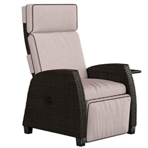 Grand Patio Indoor & Outdoor Moor Recliner PE Wicker with Flip Table Push Back Reclining Lounge Chair, Flax