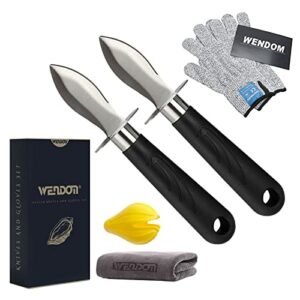 WENDOM Oyster Knife Shucker Set Oyster Shucking Knife and Gloves Cut Resistant Level 5 Protection Seafood Opener Kit Tools Gift(2knifes+1Glove+1Cloth)
