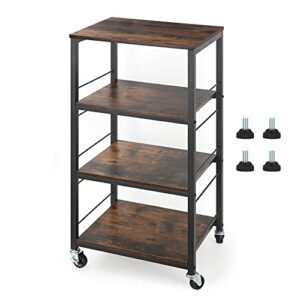 4 Tier Utility Cart Rolling Kitchen Storage Cart Wood Top and Metal Movable Serving Cart Bar Trolley with Metal Frame, 4 Wheels for Bathroom Office, Rutic Brown