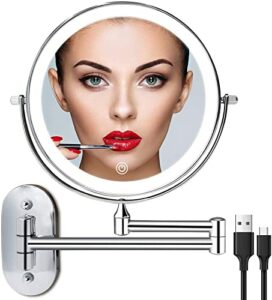 Rechargeable Wall Mounted Lighted Makeup Vanity Mirror 8 Inch Double Sided 1X 10X Magnifying Bathroom Mirror, 3 Color Lighting, Touch Screen Dimming, Extended Arm 360 Rotation Shaving Light up Mirror