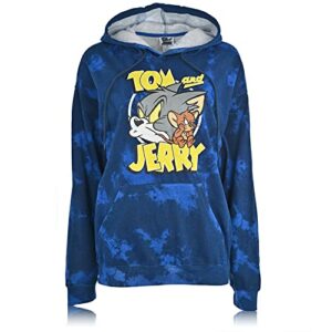 Mens Tom & Jerry Battle Hoodie - Classic Hanna-Barbera Long Sleeve Sweatshirt - Vintage Cartoon Hoodie (Blue Dye, Large)