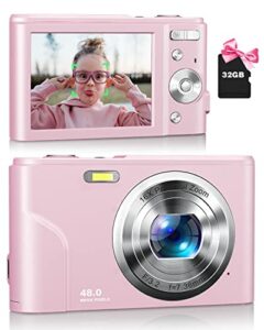 Digital Camera, Zostuic 48MP Autofocus Kids Camera with 32GB Card 1080P Video Camera with 16X Zoom, Compact Portable Small Cameras Christmas Birthday Gift for Children Kid Teen Student Girl Boy(Pink)