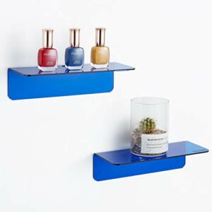 OAPRIRE Small Floating Wall Shelves Set of 2 - Personalize&Easily Expand Wall Space - 9 Inch Acrylic Wall Shelf for Bedroom, Gaming Room, Living Room, Bathroom, Office, with Cable Clips - Clear Blue