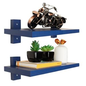 Annecy Floating Shelves for Wall,16 Inch Blue Rustic Solid Wood Shelves Set of 2, DIY Assembly Floating Wall Shelves for Bedroom ,Bathroom, Kitchen Storage and Decor
