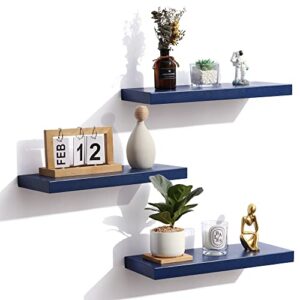 Floating Shelves, Solid Wood Wall Mounted Shelves with Invisible Brackets for Bedroom Living Room Bathroom Kitchen, Shelves for Wall Decor Storage Set of 3, Dark Blue