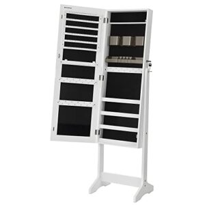 SONGMICS Jewelry Cabinet Armoire, Christmas Gifts, Freestanding Lockable Storage Organizer Unit with 2 Plastic Cosmetic Storage, Full-Length Frameless Mirror, for Necklace Earring, White UJJC002W01