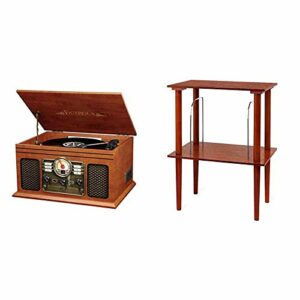 Victrola Nostalgic Classic Wood 6-in-1 Bluetooth Turntable Entertainment Center, Mahogany Bundle with Victrola Wooden Stand for Wooden Music Centers with Record Holder Shelf, Mahogany