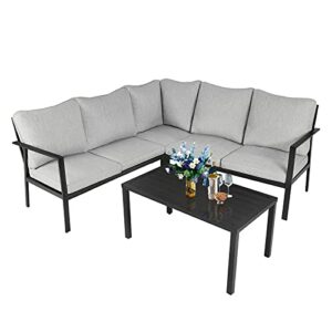 Incbruce 4-Pieces (5 Seats) Metal Sectional Corner Sofa Set, Outdoor Loveseat Seating Steel Frame, All-Weather Slatted Back Chair with Coffee Table and Thick Soft Removable Cushions (Gray)
