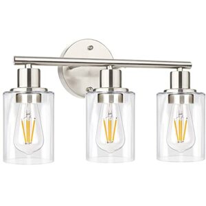 3-Light Bathroom Light Fixtures, Brushed Nickel Vanity Light, Farmhouse Wall Lights with Clear Glass Shade, Bathroom Wall Lamp for Mirror Kitchen Bedroom Living Room