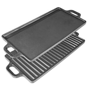 ProSource 2-in-1 Reversible 19.5” x 9” Cast Iron Griddle with Handles, Preseasoned & Non-Stick for Gas Stovetop, Oven, and Open Fire