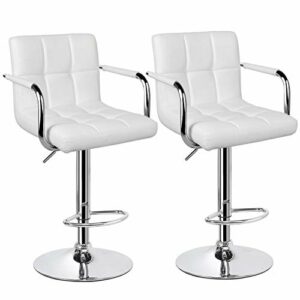 Yaheetech Tall Bar Stools Set of 2 Modern Square PU Leather Adjustable BarStools Counter Height Stools with Arms and Back Bar Chairs 360° Swivel Stool White