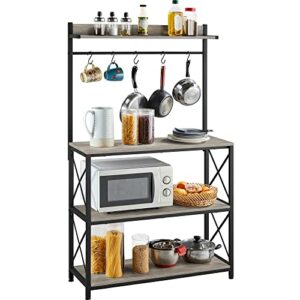 Yaheetech 4-Tier Bakers Rack for Kitchen with Storage and Hooks, Microwave Oven Stand Kitchen Baker's Rack for Dining Room, Wood Kitchen Rack with Utility Storage Shelf, 36.5 x 13.5 x 63 in, Gray